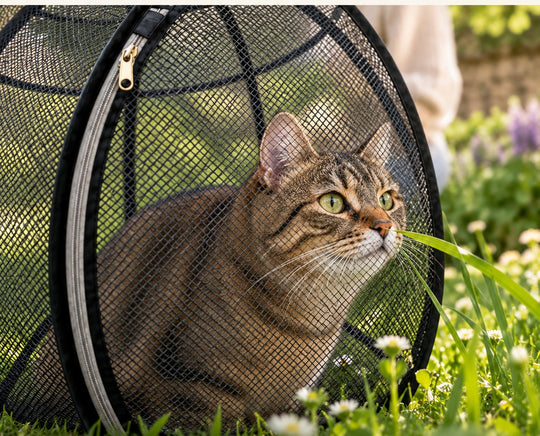 Getigerte Katze schnuppert durch das Netz ihrer Kugel am Gras