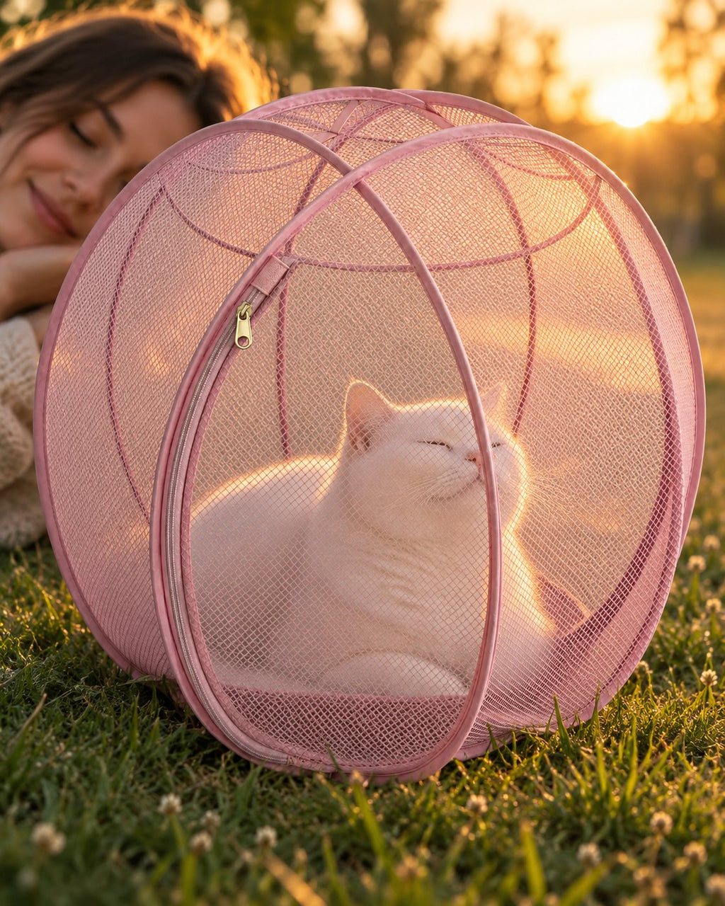 A calm white cat in its pink bubble, a young woman close by