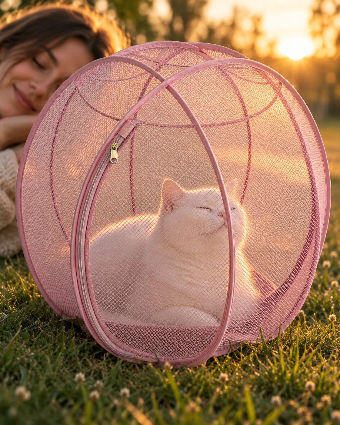 A calm white cat in its pink bubble, a young woman close by