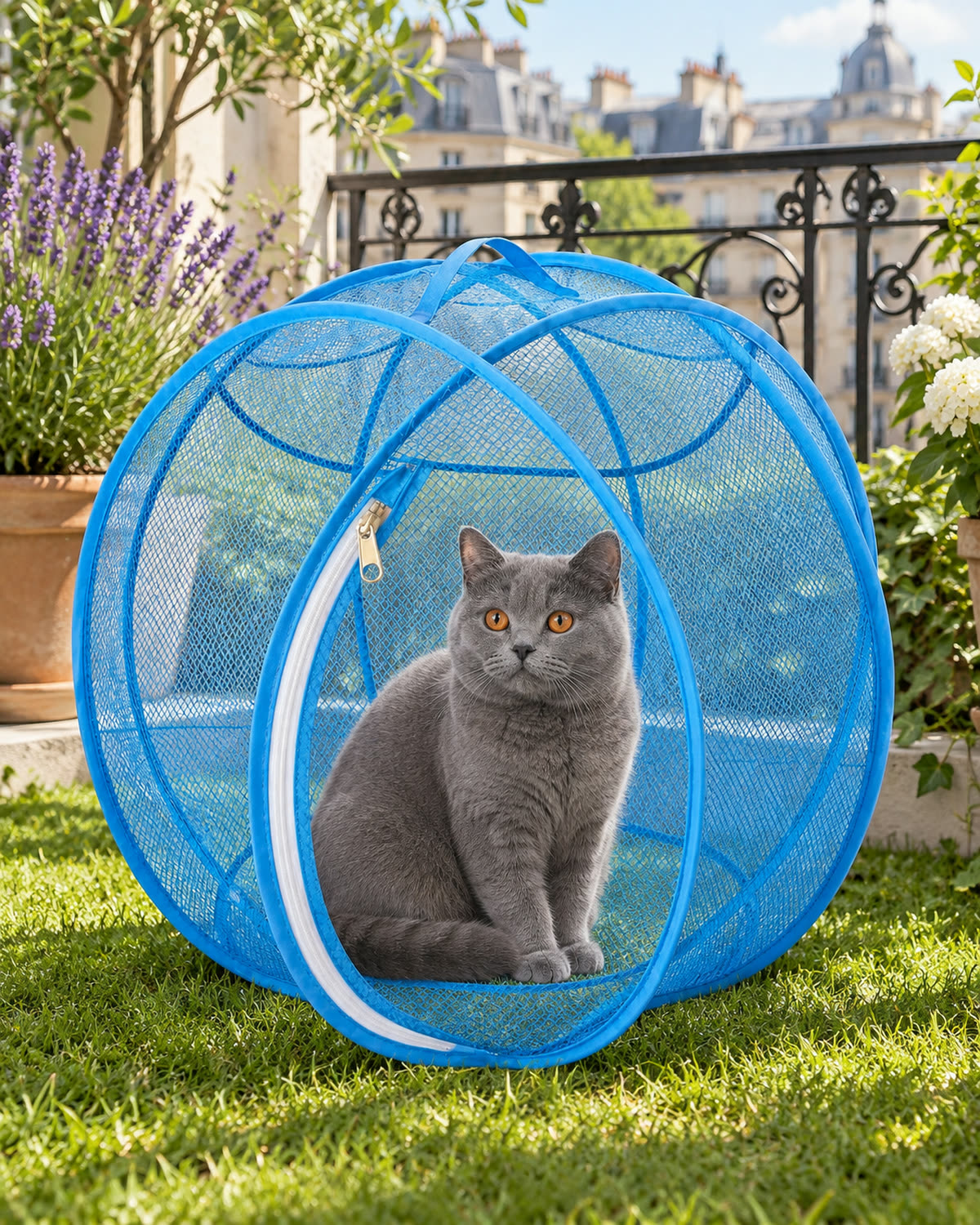 Gato gris en la burbuja azul Orbemi en un balcón