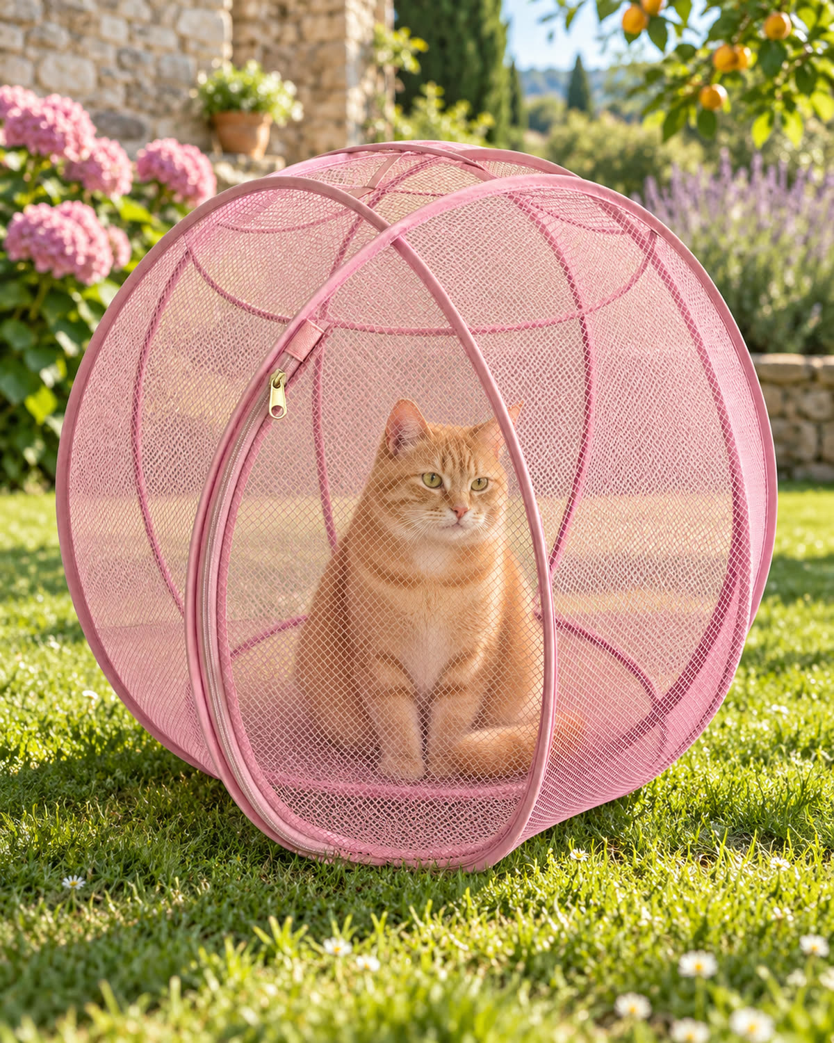 Gato pelirrojo en la burbuja rosa Orbemi sobre el césped