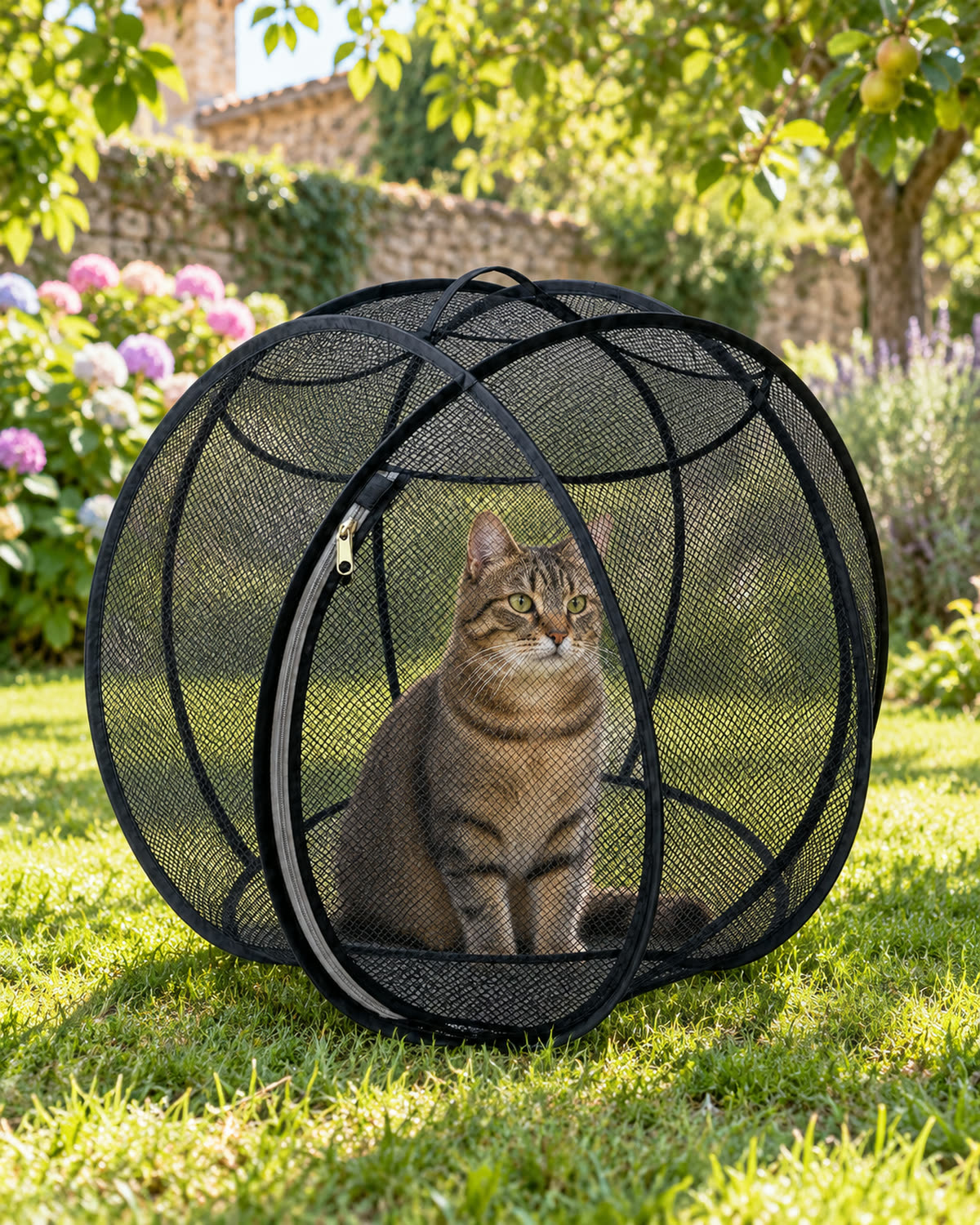 Tabby cat in the black Orbemi bubble on the lawn