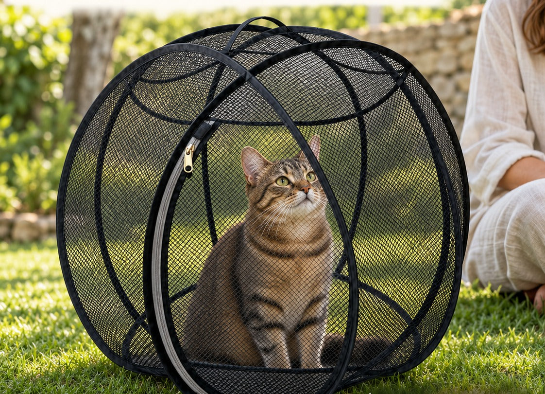 Tabby cat sitting in its black Orbemi bubble in the garden