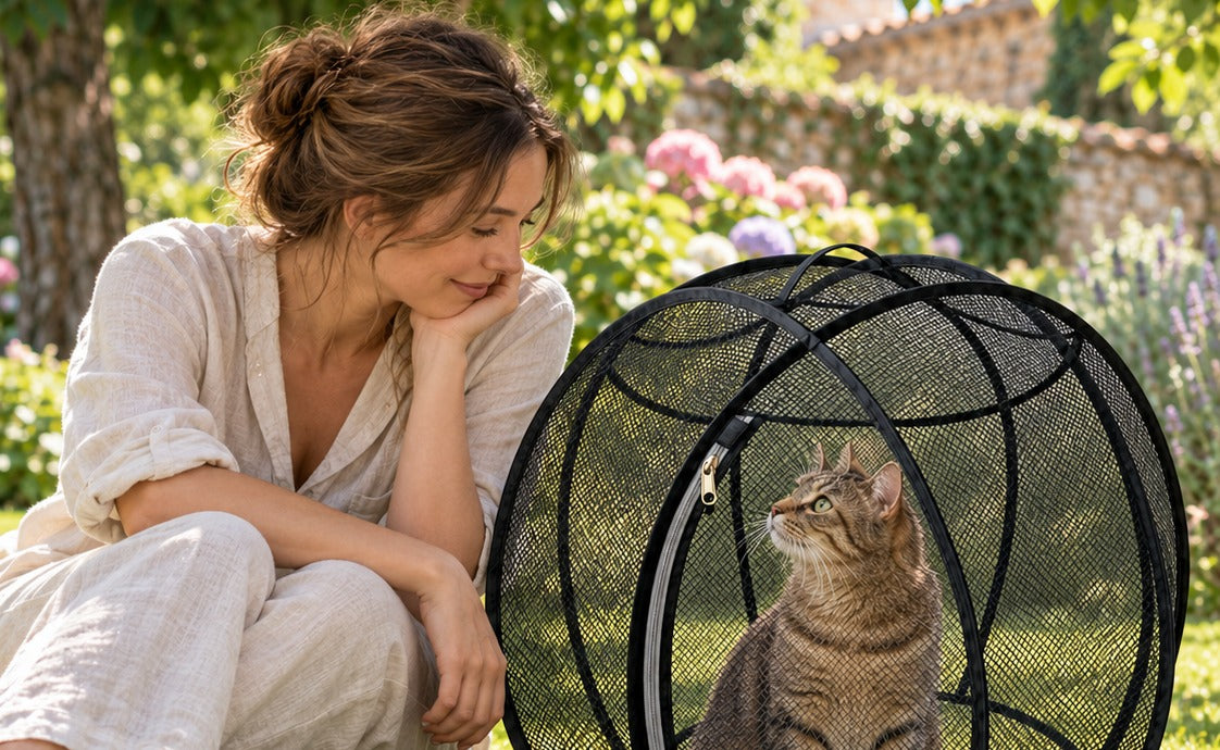 A woman sitting next to her cat in its bubble