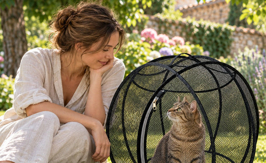 Eine Frau sitzt neben ihrer Katze in deren Kugel